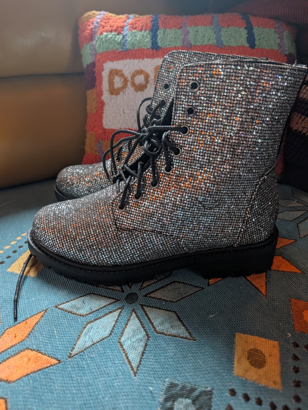 Women's Sparkle Lace-Up Combat Boots - Black Glitter